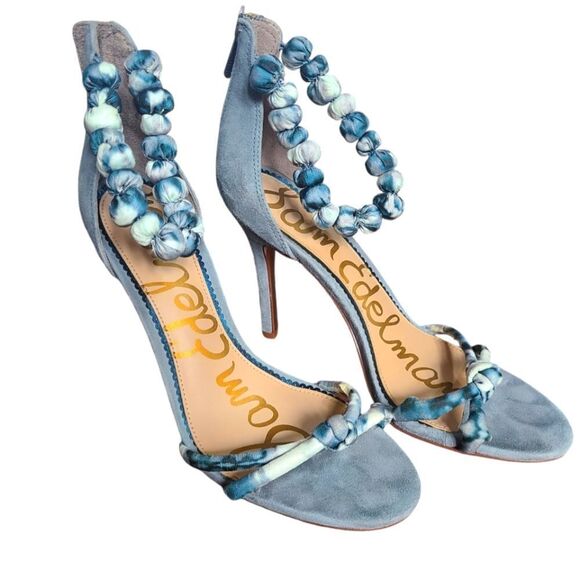 SAM EDELMAN Heels Batik Bobble Ankle Strap Soft Blue Brushed Suede Sz 9 - Picture 1 of 13